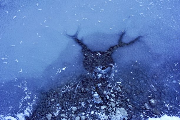 湖面上的冰裂开了，变成了长角的鹿。冰上有一只长角的鹿的剪影。湖中有个洞，形状像长角的鹿。图片下载