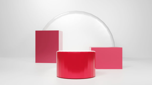 红圆领奖台和白色背景上孤立的方形，复制展销会和横幅的空间。三维渲染图片下载