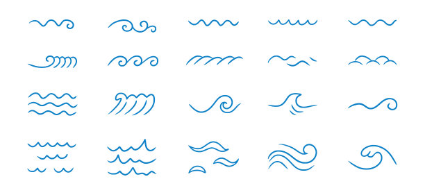 波浪海线涂鸦图标集。手绘草图水波轮廓。简单的曲线，潦草的流水。孤立的图片下载
