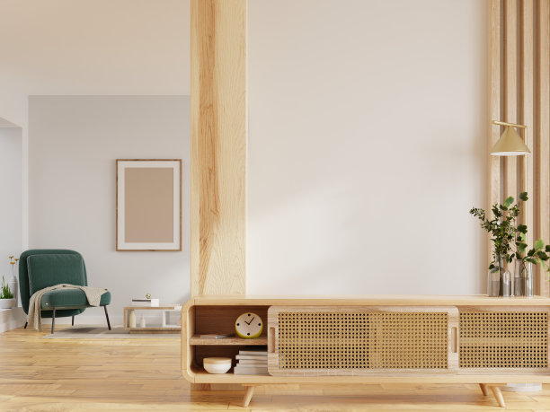 暖色调的橱柜模型有白色的墙是客厅的前面。图片下载