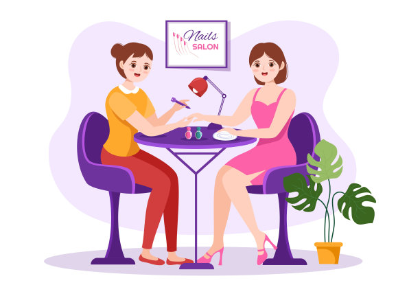 美甲沙龙模板手绘卡通平面插画接受美甲或足疗与工具和配件的年轻女孩的概念图片下载