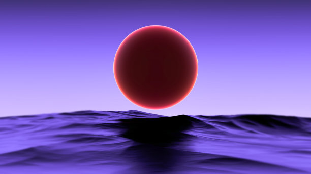 水面上的橙色球。抽象的圆球在波浪上发光。3 d渲染。图片下载