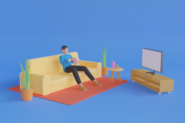 年轻人拿着爆米花看电影。一个年轻人坐在那里看电影，想在家里玩得开心。三维渲染图片下载