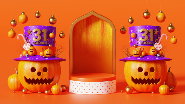 3d渲染万圣节讲台橙色背景314图片下载