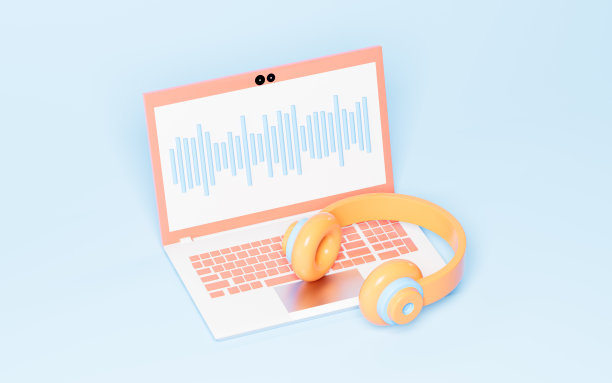 蓝色背景的卡通风格笔记本和耳机，3d渲染。图片下载