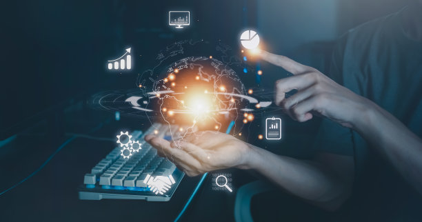 人的手握住和触摸虚拟全球与全息图和使用计算机互联网连接。商业技术数字营销。大数据与金融银行。图片下载