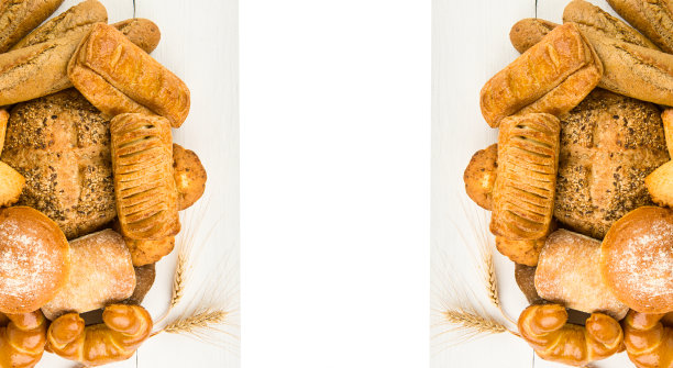 白色背景上的面包、法棍面包和甜点。图片下载