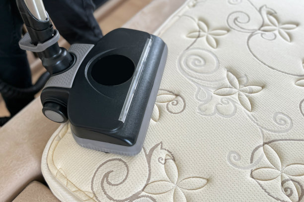 近距离专业清洁和消毒服务使用工业真空吸尘器清洁和清除卧室床垫上的尘螨。图片下载