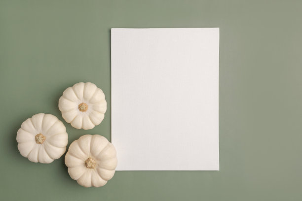 空白纸与万圣节装饰在柔和的绿色背景。贺卡，邀请模型。铭文。南瓜。现代最小商业模型，模板。平铺，俯视图图片下载