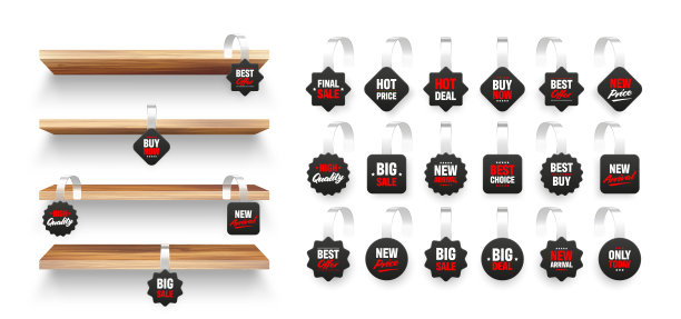 木制商店货架与超市促销摆动。产品货架和广告摆动器。杂货店墙架。促销或折扣标签，特惠价格标签。矢量图图片下载