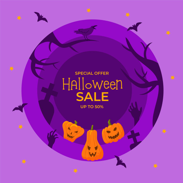 海报上有可怕的南瓜，蝙蝠，乌鸦，幽灵般的夜晚背景图片下载