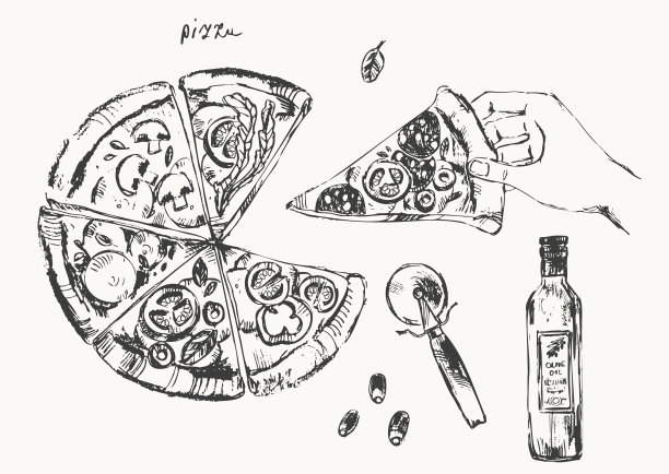 手绘墨水披萨素描图片下载