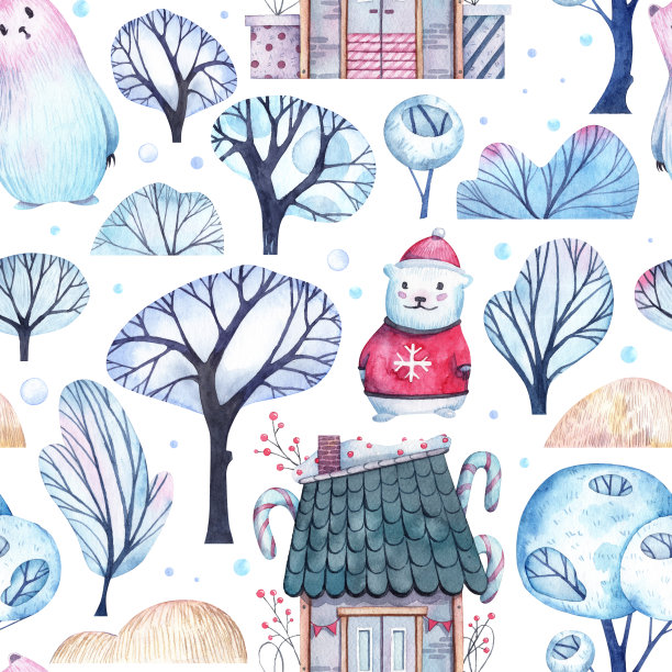 方形无缝图案与冬季主题可爱的物体。熊的性格，装饰的房子和森林树木和灌木在白色的背景。包装纸和墙纸设计图片下载