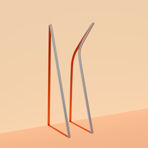 可重复使用的不锈钢吸管。浅蓝色的墙。环保饮用吸管。柔和的橙色背景。3D渲染，3D插图图片下载