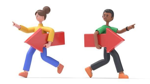 三维插图的卡通人物行走与红色箭头。白色背景的3D渲染。图片下载