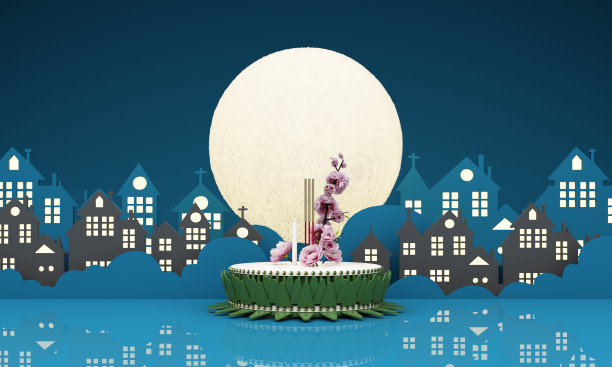 泰国泼水节。芭蕉叶材料和粉色莲花设计与满月泰国寺庙和房子在晚上河紫色和蓝色的背景。3 d渲染图图片下载