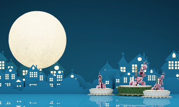 泰国泼水节。芭蕉叶材料和粉色莲花设计与满月泰国寺庙和房子在晚上河紫色和蓝色的背景。3 d渲染图图片下载