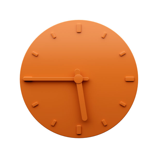最小橙色时钟5:45到6点差一刻抽象极简主义挂钟3d插画图片下载