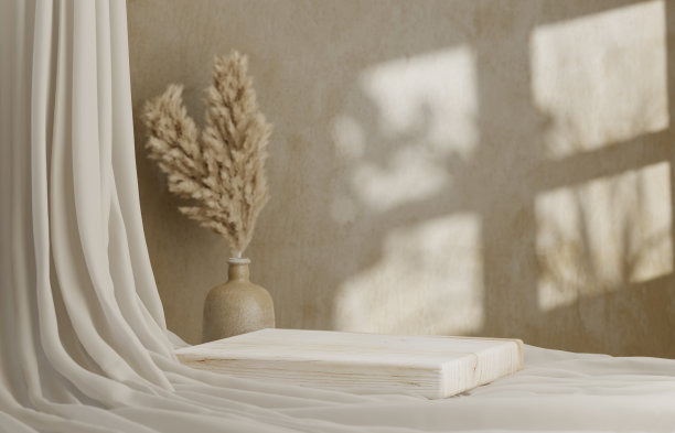 米色、背景和干潘帕斯草花瓶上的3D讲台展示。明亮的化妆品，美容产品促销基座与阴影。自然展示构成。抽象最小工作室3D渲染图片下载