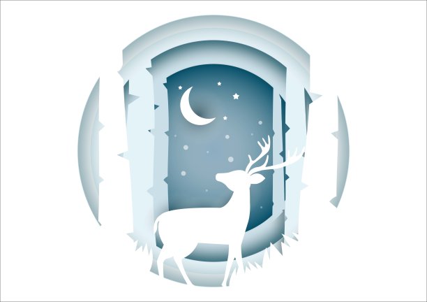 纸艺术和数字工艺风格的鹿夫妇在森林与冬季和圣诞节的雪，矢量插画图片下载