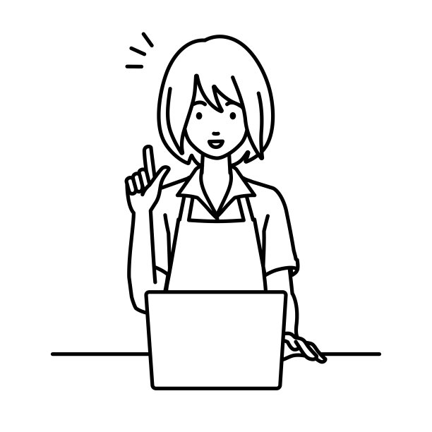 一个穿着咖啡围裙的女人用笔记本电脑在她的桌子上用手指着手势想办法图片下载