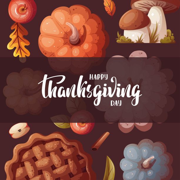 有南瓜、苹果派、蘑菇和秋叶的感恩节卡片。图片下载