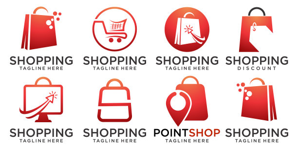 网上商店图标集Logo设计模板。组合，商店，购物袋，手推车，电脑和地图图片下载