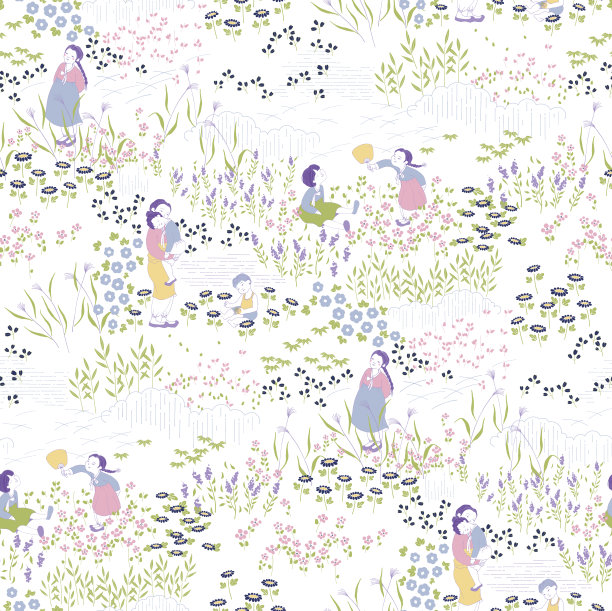 人们享受野餐的无缝图案插画。复古风格的插图，韩国和韩国人。图片下载