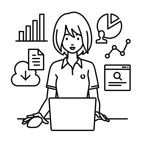 一名身穿polo衫的女子正坐在办公桌前，用笔记本电脑浏览网站、进行研究、在云端共享文件、分析和做报告图片下载