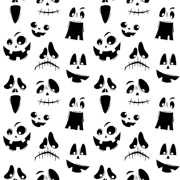白色背景上的无缝图案与情感万圣节南瓜。有趣的人脸剪贴簿数码纸，纺织印刷，页面填充。矢量图图片下载