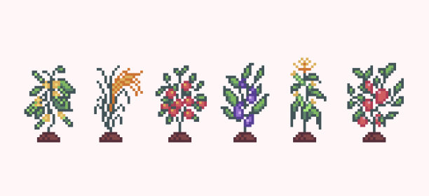 蔬菜植物农场像素艺术集。茄子，甜椒，玉米，黄瓜和番茄的集合。8点雪碧。图片下载