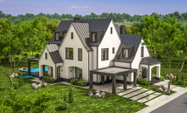 3d渲染的黑白现代都铎式住宅图片下载