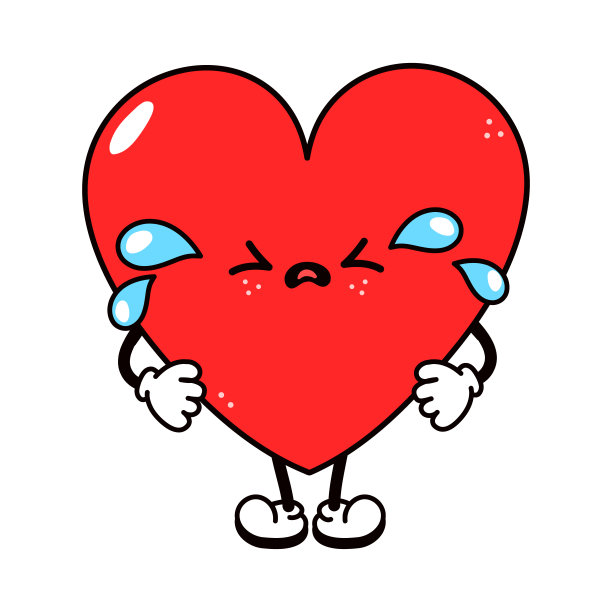 可爱搞笑哭伤心心的人物。矢量手绘传统卡通复古，复古，卡哇伊人物插画图标。孤立的白色背景。哭心人物概念图片下载