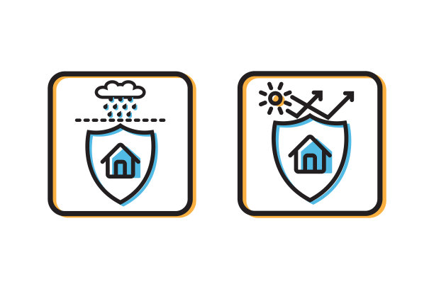 图标保护建筑或房屋免受极端天气，雨天和太阳热，符号设计矢量，集合图片下载