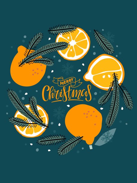 圣诞快乐卡。圣诞贺卡，橙色水果和云杉树枝和铭文圣诞快乐在黑色背景。手写书法刻字。矢量设计模板图片下载
