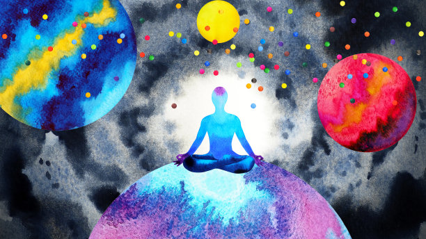 精神的人类冥想心理心灵灵魂健康连接宇宙脉轮治愈和平瑜伽呼吸整体想象鼓舞人心的治疗艺术插图水彩画幻想数字拼贴图片下载