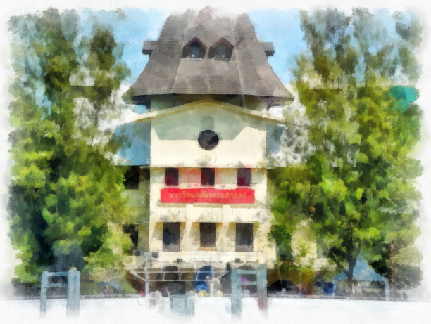 曼谷湄南河岸边的风景印象派风格的水彩画图片下载