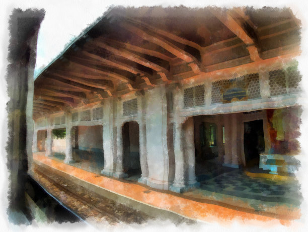 泰国曼谷城市街道景观水彩风格插画印象派画作。图片下载