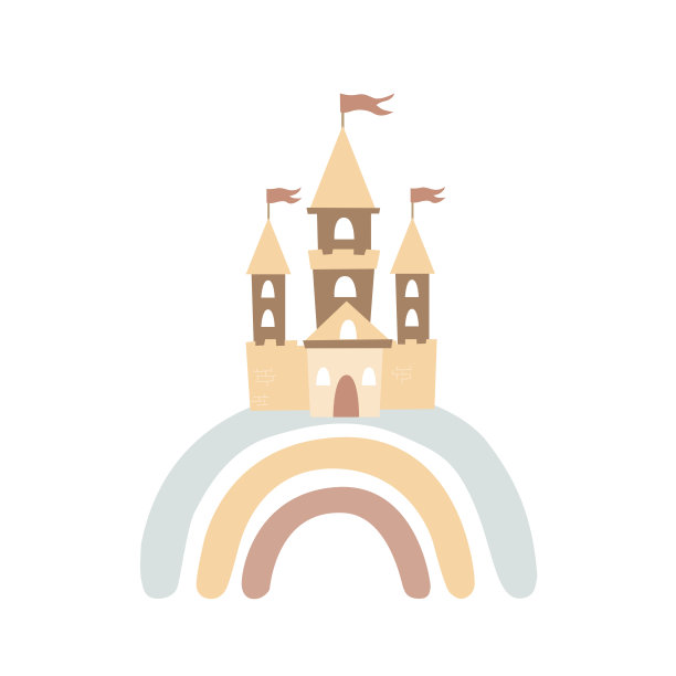 城堡在彩虹上孤立在白色上。斯堪的纳维亚风格的矢量插图图片下载