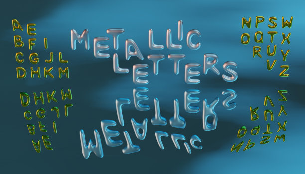 字母的3d渲染。金属色和金色的拉丁字母图片下载