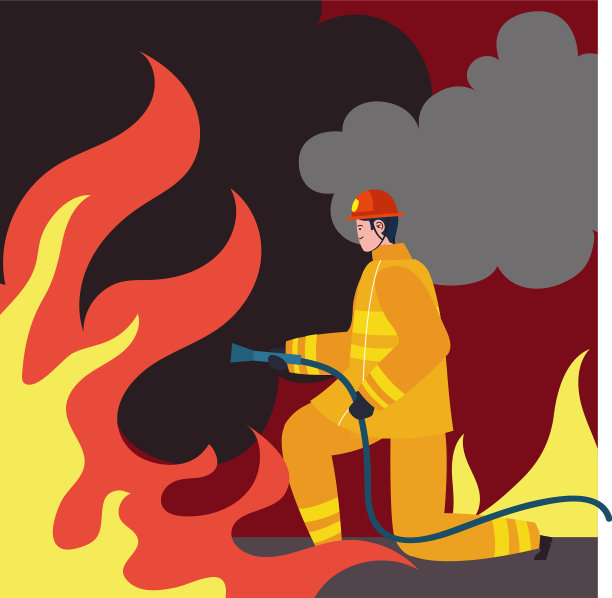 消防队员带着水管和火焰图片下载