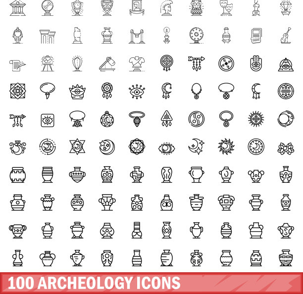 100个考古图标设定轮廓风格图片下载
