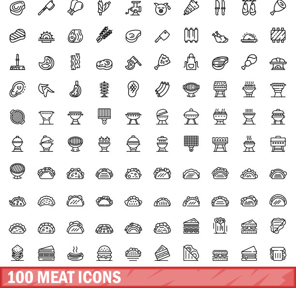 100个肉类图标，线性风格图片下载