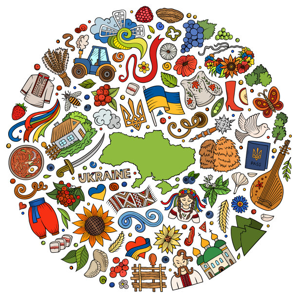 乌克兰卡通涂鸦对象，符号和项目的集合图片下载