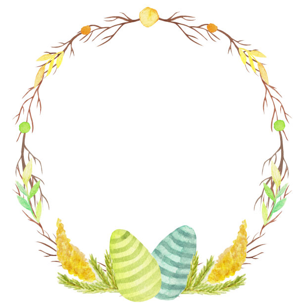 彩色水彩复活节框架与鸡蛋，含羞草植物元素，孤立在白色背景。图片下载
