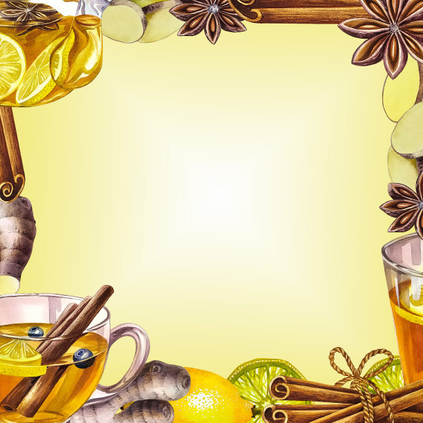 茶框架。柠檬，肉桂，姜和蜂蜜的芳香抗病毒茶。玻璃茶壶和维生素杯图片下载