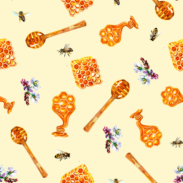 蜂蜜。蜂蜜，蜂巢，荞麦花和蜜蜂的无缝图案。水彩插图。图片下载