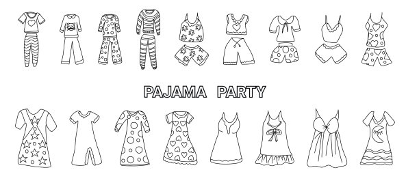 矢量模板儿童睡衣派对。一套有趣的睡衣和睡袍。睡衣派对邀请。矢量插图的手绘元素在线性涂鸦风格。水平的作文图片下载