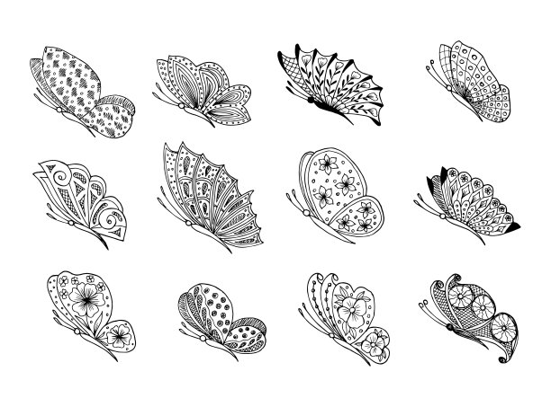 一套手绘蝴蝶涂鸦元素，用于着色，邀请，明信片。图片下载