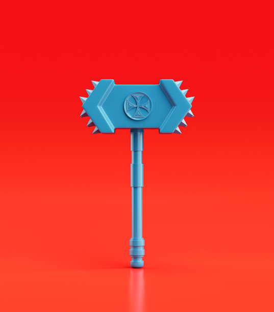 幻想游戏锤子武器和资产与孤立的单色蓝色，中世纪的工具，3d渲染图片下载